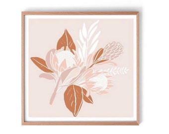 Protea Illustration Print, Pink Protea Wall Art, Native Australian Floral Poster Print, King Protea Drawing Art Print