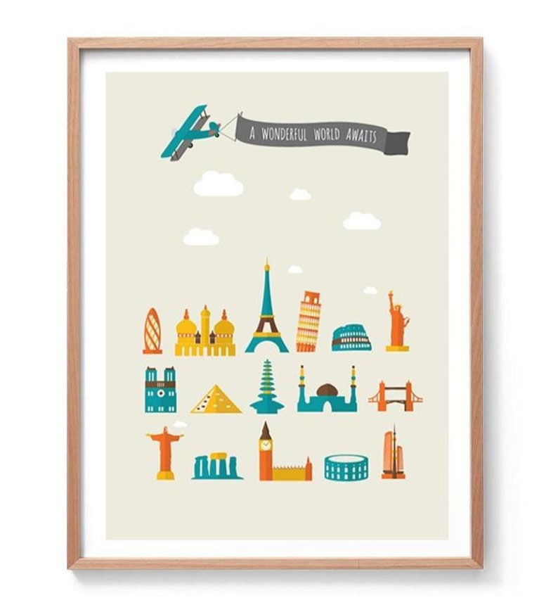 A Wonderful World Awaits Travel Print, World Landmarks Print, World Icons Nursery Print, Kids World Travel Print, Travel Nursery Print image 2