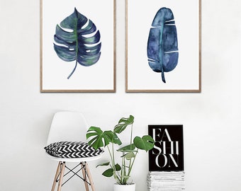 Blue Palm Set of 2 Prints, Botanical Prints, Monstera Print, Palm and Monstera Leaf, Tropical Leaf Print, Monstera Trio Prints