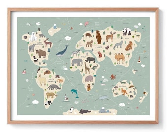 Dieren van onze wereld kwekerij print, wereldkaart poster print, dit is mijn wereldkaart print, wereldkaart kunst aan de muur, wereldkaart print kinderkamer