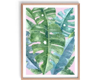Monstera Print, Monstera Watercolour Print, Monstera Leaf Print, Green Leaf Print, Tropical Leaf Print, Green and Pink Print