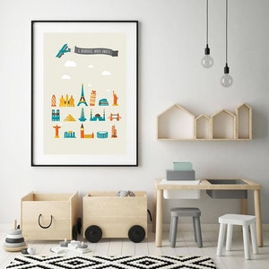 A Wonderful World Awaits Travel Print, World Landmarks Print, World Icons Nursery Print, Kids World Travel Print, Travel Nursery Print image 3