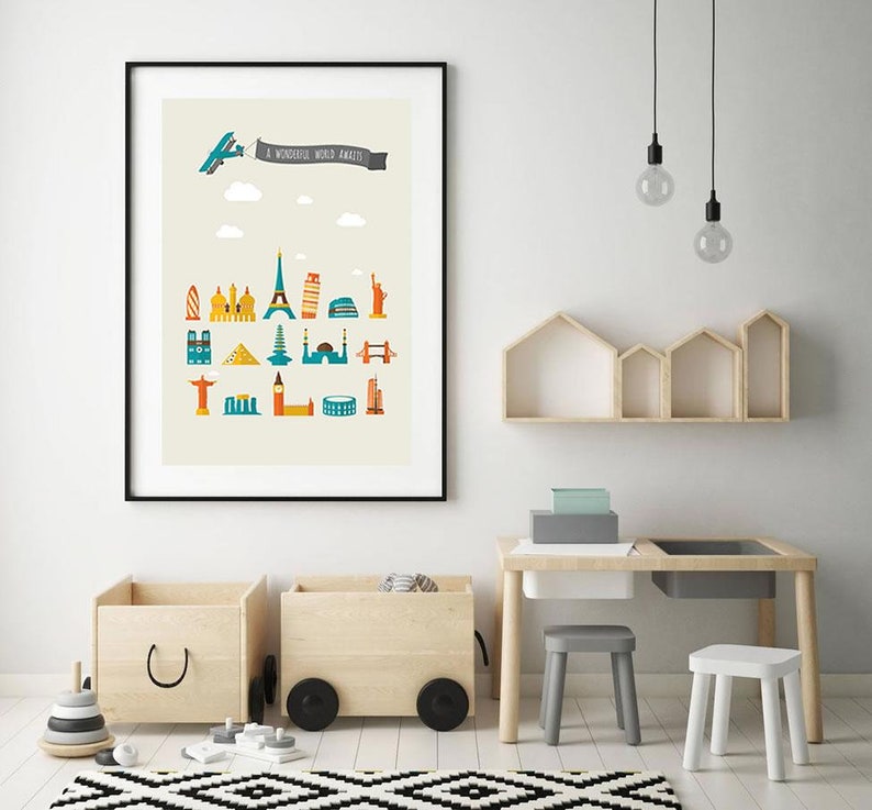 A Wonderful World Awaits Travel Print, World Landmarks Print, World Icons Nursery Print, Kids World Travel Print, Travel Nursery Print image 3