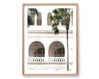 Palm Hotel Print, Palm Tree Print, Palm Tree and White Building Wall Art