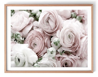 Impressão de ranúnculo, impressão de fotografia floral, impressão floral rosa, arte de parede de flor de ranúnculo, impressão botânica