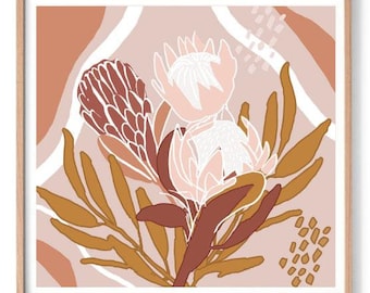 Aardse Protea print, abstracte illustratie print, originele illustratie print, Protea illustratie print