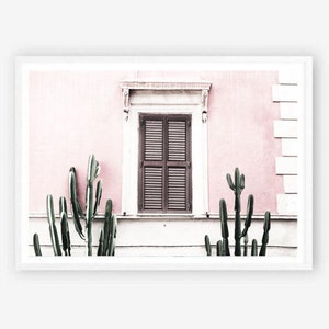 Romanische Villa Kunstdruck, italienische Villa Kunstdruck, italienisches Fenster mit grünem Kaktus, rosa Architektur Wandkunst, Kaktus Poster Druck