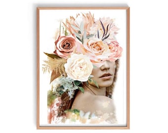 Flower Woman Art Print, Floral Head Print, Abstract Portret, Minimal Art, Fashion Female, Woman's Figure Abstract Wall Art