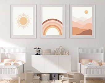 Set of 3 Boho Nursery Prints, Rainbow Nursery Prints, Mountain Nursery Print, Sunshine Print, Nursery Wall Art, Kids Room Prints