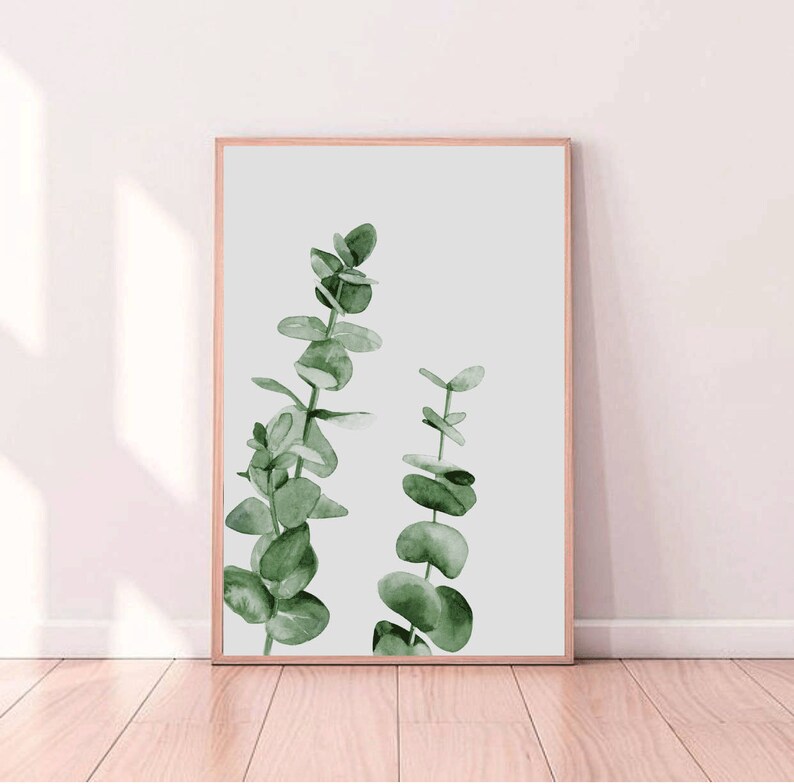 May include: A framed watercolor print of two green eucalyptus branches on a white background.