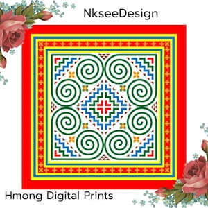 May include: A red, yellow and blue Hmong digital print with a geometric pattern of swirling designs. The print is surrounded by a red border with a yellow and blue trim.