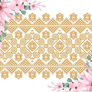 May include: A white background with a gold geometric pattern. Pink flowers with green leaves are on either side of the pattern.