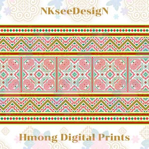 May include: Digital print with a colourful geometric pattern in red, green, and white. The design features repeating square and zigzag motifs, with the text "NKseeDesign" and "Hmong Digital Prints".
