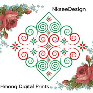 Puede incluir: Una impresión digital con un diseño Hmong rojo y verde en forma de diamante con esquinas florales. El texto "NkseeDesign" y "Hmong Digital Prints" está incluido en la imagen.