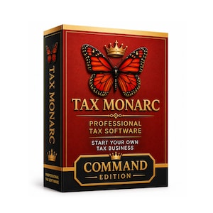 May include: A product box for "Tax Monarc" professional tax software. The box is black with a red front panel featuring a monarch butterfly, a gold crown, and the text "Tax Monarc". The box also includes the text "Start Your Own Tax Business" and "Command Edition".