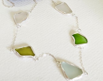 Genuine Sea Glass Necklace, NSW Coast Sea Glass, multicoloured sea glass, ocean tumbled, fluid necklace, Fine Silver statement necklace