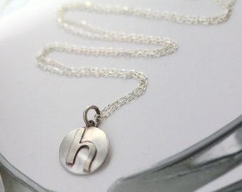 Small lowercase inital letter "h". Sterling silver disc necklace handmade by Norita Designs