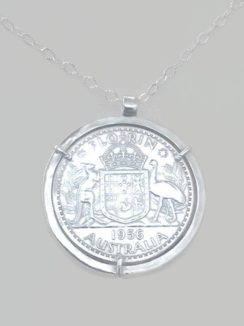 Pre-decimal Australian Florin Handmade Pendant with sterling silver bezel and chain image 1