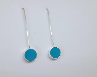 Sterling silver and polymer clay earrings, Urban, modern earrings, Round dangle earrings, Turquoise earrings