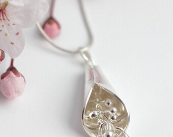 Organic Sterling Silver and Fine Silver Kinetic Pendant, Flower Pendant, Romantic, Bell Flower Pendant