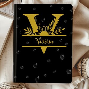 Personalized Floral Initial Hardcover Journal Black Custom Name Writing Notebook Personalized Diary Gift for Writers Journaling Gift for Her
