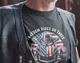 Patriotic 3 Wheel Motorcycle Tee | Can Am Ryker Inspired Shirt | Freedom Rides on Three Shirt  | Veteran Biker Trike Gift | USA Flag T-Shirt