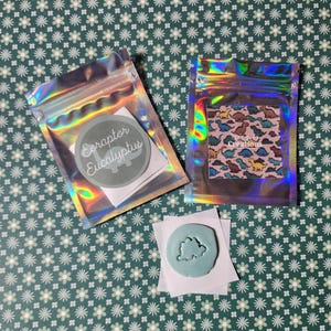 Puede incluir: Dos bolsas de plástico transparentes con una pegatina de dinosaurio verde y blanco dentro de cada bolsa. La pegatina de la bolsa de la izquierda dice "Eoraptor Eucalyptus". La pegatina de la bolsa de la derecha tiene un fondo rosa con un patrón de dinosaurios coloridos y dice "Tiny Dino Creations". Un sello de arcilla en forma de dinosaurio azul está sobre un trozo de papel blanco.