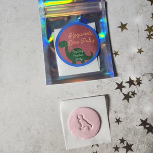 May include: A clear, holographic bag containing a round sticker with the text "Hogwarts Dino Putty" and a green dinosaur illustration. Below, a pink putty circle with a dinosaur imprint rests on a white square.