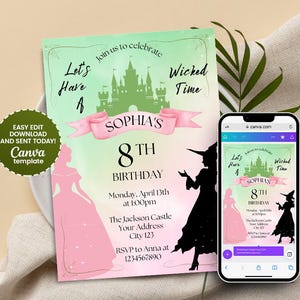 Slechte verjaardagsuitnodiging | Wizard of Oz-uitnodiging | Afdrukbare en bewerkbare feestuitnodiging, Glinda & Elphaba-thema - direct downloaden