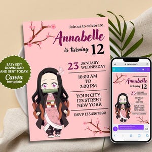Nezuko-verjaardagsuitnodiging | Afdrukbare anime-feestuitnodiging, digitale download, aanpasbaar demon Slayer-thema