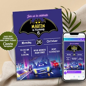 Convite de aniversário Batwheels | Convite para festa digital e para impressão, tema de desenho animado infantil personalizável - Download instantâneo