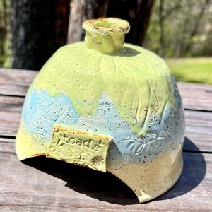 Garden Toad House in blue-green leaves and floral; ready-to-ship ceramic pottery