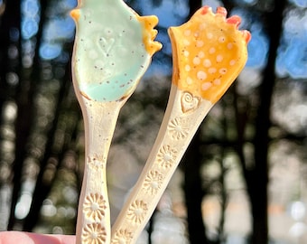Ceramic Pottery Stirrer/Spoon ~ Hen / Chicken ~ Aqua, orange, natural