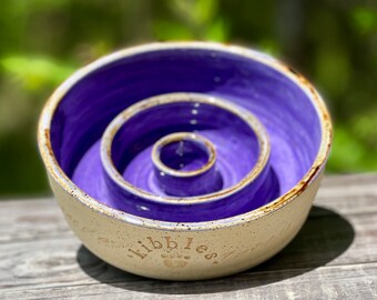Handmade Stoneware Slow Feeder Pet Bowl: Fruity Purple Pottery