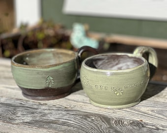 Ceramic pottery cafe' cup, mug, coffee, tea, cocoa, natural, Christmas, holiday, tree