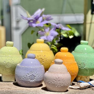 Puede incluir: Colección de tarros de cerámica coloridos con tapas, cada uno con un acabado moteado único. Los tarros son en tonos de amarillo, verde, naranja, lavanda y rosa, con texto en relieve y diseños florales. Los tarros se exhiben sobre una superficie de madera.