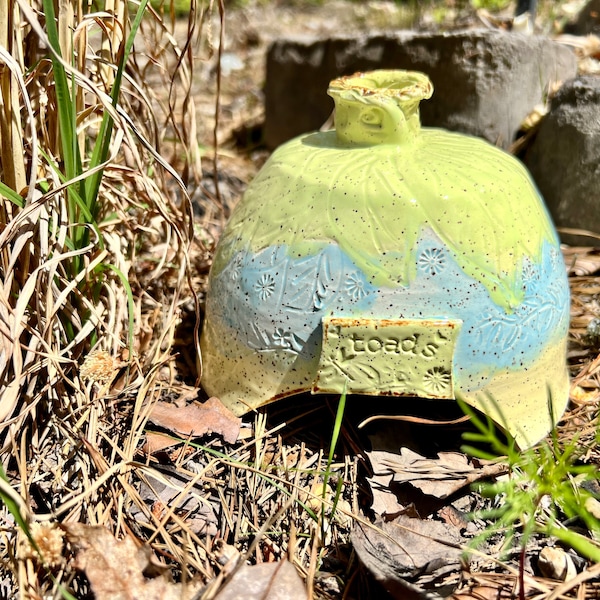 Ceramic Pottery Garden Toad House in blue-green leaves and floral