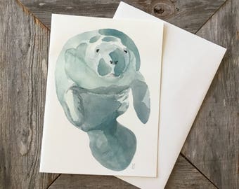 Manatee sea cow watercolor stationery greeting note cards prints