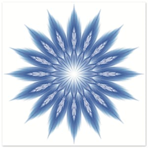 May include: A symmetrical, abstract design featuring a central white burst radiating outwards. The design is composed of numerous blue, feather-like shapes, creating a starburst or floral pattern. The color palette is primarily shades of blue and white.