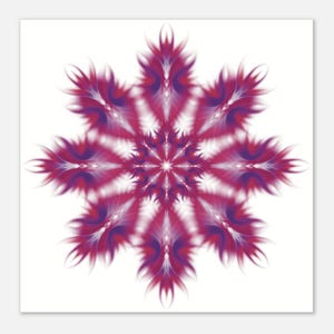 Puede incluir: Un diseño gráfico simétrico en forma de estrella con patrones plumosos radiantes en tonos magenta intenso, violeta y blanco. El punto central se expande hacia afuera en ocho pétalos distintos y puntiagudos con bordes suaves.