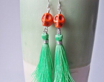 Lady Catrina Earrings in Grass Green  - Silk Tassel Earrings.