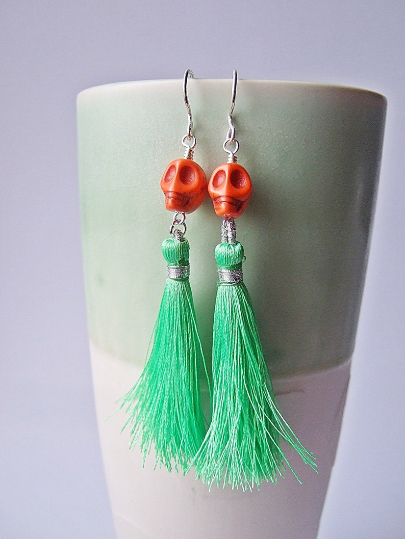 Lady Catrina Earrings in Grass Green Silk Tassel Earrings. image 1