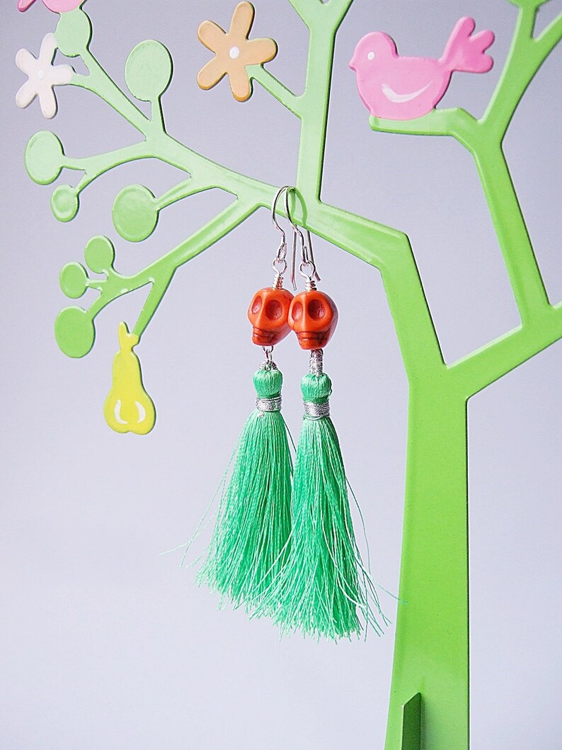 Lady Catrina Earrings in Grass Green Silk Tassel Earrings. image 2