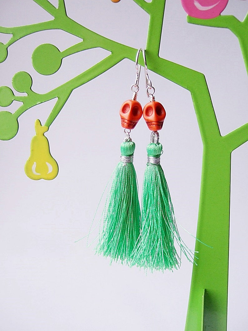 Lady Catrina Earrings in Grass Green Silk Tassel Earrings. image 4