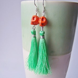 Lady Catrina Earrings in Grass Green Silk Tassel Earrings. image 3