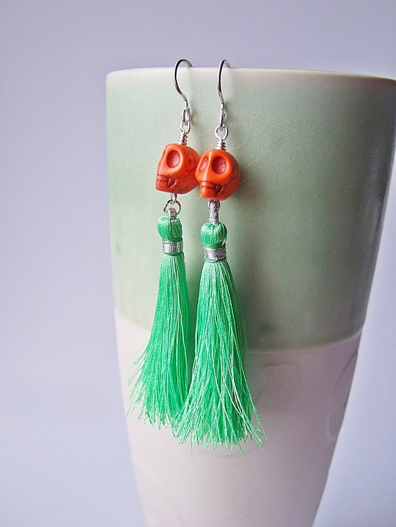 Lady Catrina Earrings in Grass Green Silk Tassel Earrings. image 3