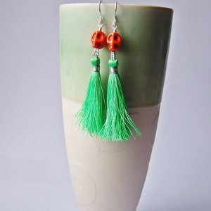 Lady Catrina Earrings in Grass Green Silk Tassel Earrings. image 5