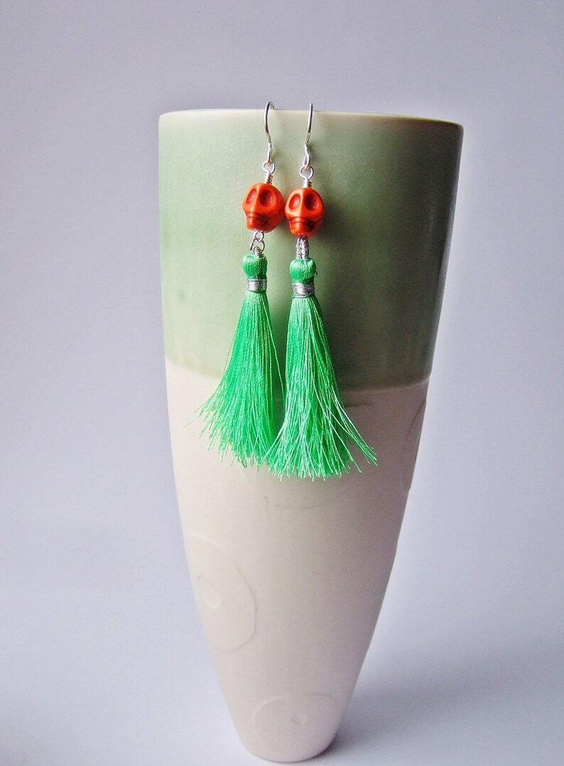 Lady Catrina Earrings in Grass Green Silk Tassel Earrings. image 5