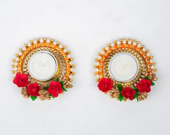 Round Roses Tealight Holder (Set of 2) – Golden and Red Floral Design with Accent Detailing, Ideal for Home Décor and Festive Occasions