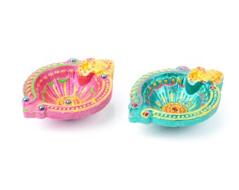 Handcrafted Decorative Designer Diya Set of (4 pcs) | Green & pink Clay Oil Lamps with Stones | Diwali Festival Rangoli Diyas for Home Decor